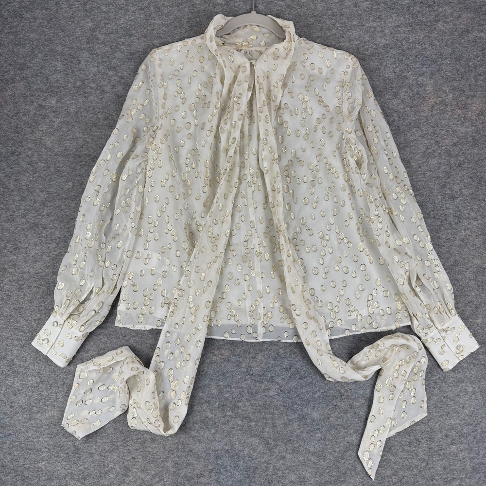 Brooks Brothers Silk Chiffon Metallic Gold Polka Dot Tie-Neck Blouse Womens 2